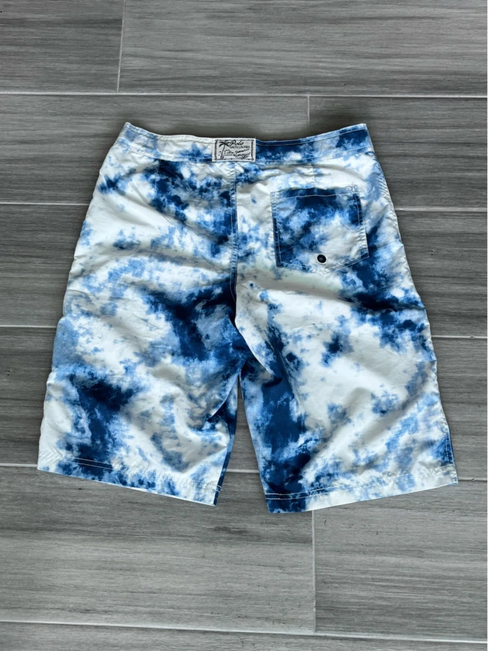 POLO Ralph Lauren Swim Trunks Tie-Dye Youth 18-20 Blue Large Logo Snap Waist